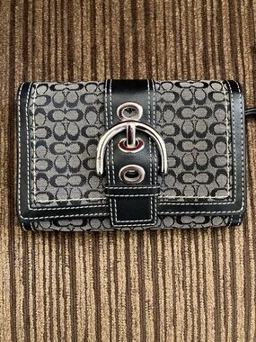 Coach Black Signature Canvas Wallet with Silver Buckle